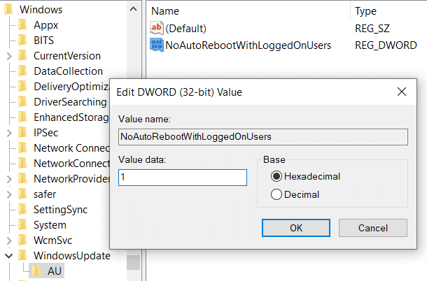 Double-click on NoAutoRebootWithLoggedOnUsers and set it's value to 1