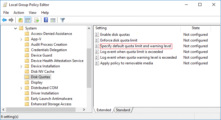 Double-click on Specify default quota limit and warning level in gpedit