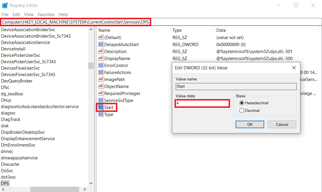 Double-click on Start in the right pane then Change Value Data to 4. | Fix Service Host: Diagnostic Policy Service High CPU