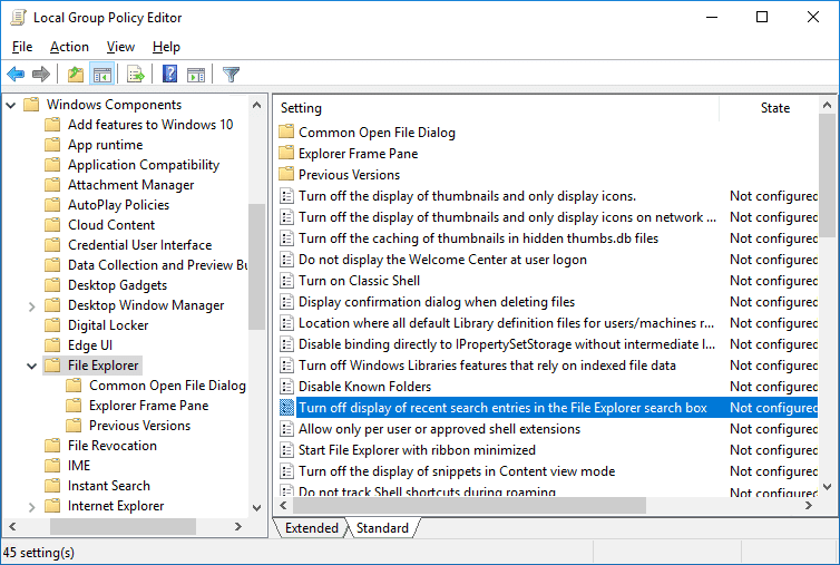 Double-click on Turn off display of recent search entries in the File Explorer search box