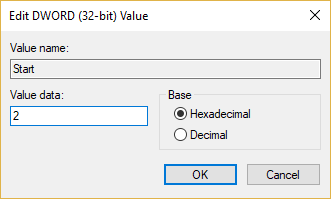 Double click on start DWORD and then change its value to 2