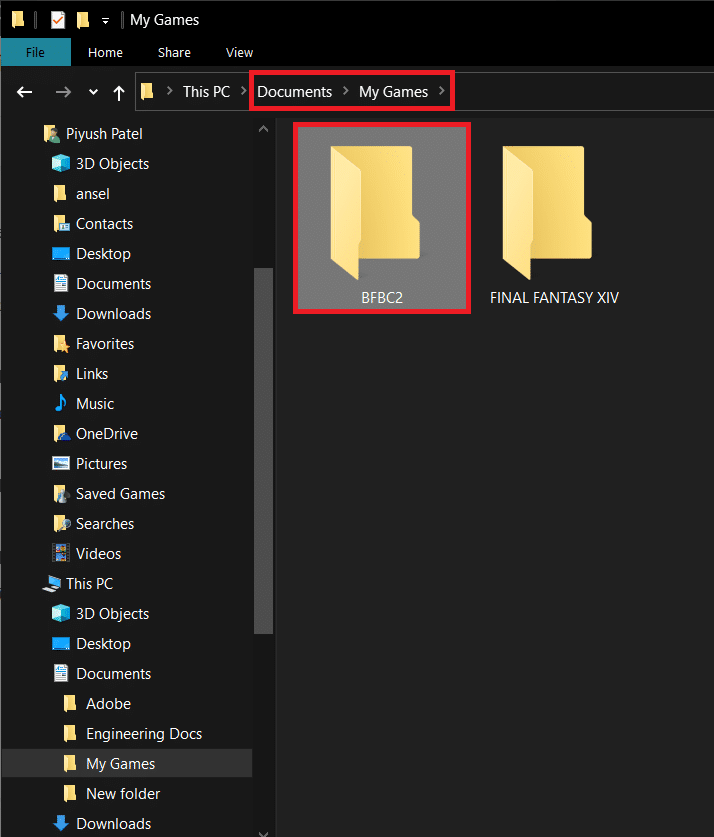 Double-click on the BFBC2 folder to open it located in ‘My Games’ sub-folder | Fix Red Screen of Death Error 