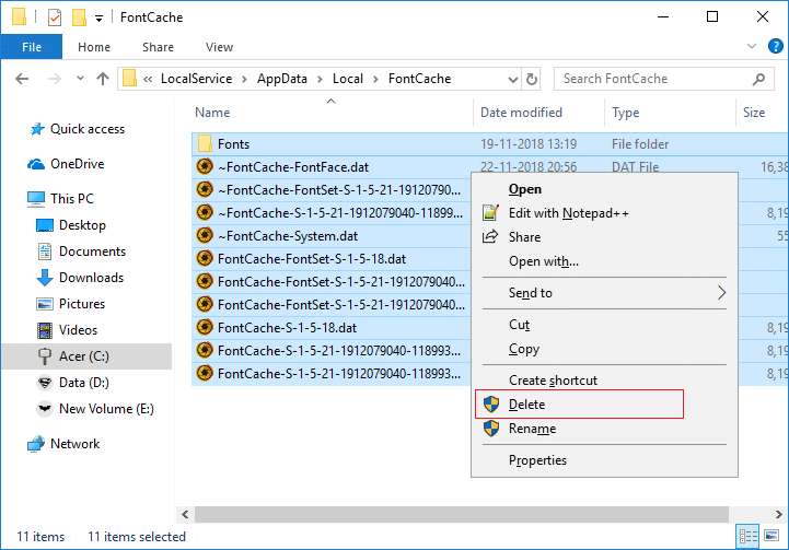 Double-click on the FontCache folder and delete all of its content