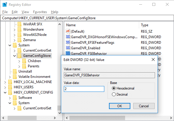 Double-click on the GameDVR_FSEBehavior DWORD and change its value to 2