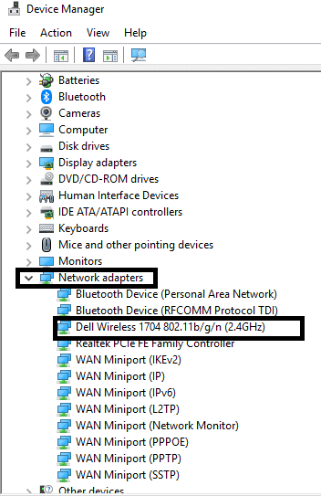 Double click on “Network Adapters” section to expand and select Wireless adapters. Right click on the windows adapter and select “Disable Device”