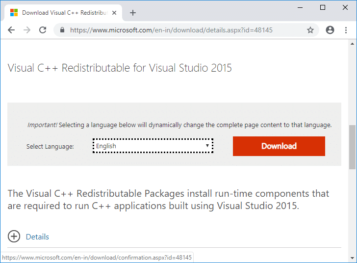 Laadige Microsofti veebisaidilt alla Visual C++ Redistributable for Visual Studio 2015