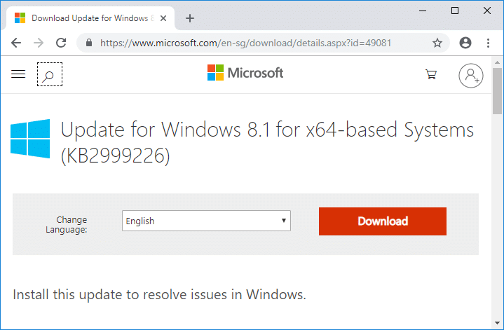 Laadige alla ja installige Windows8.1-KB2999226-x64.msu otse Microsofti veebisaidilt