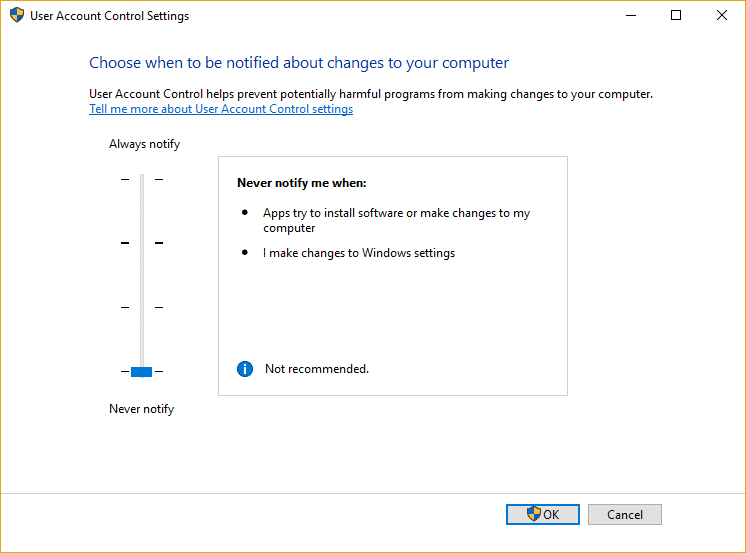 Drag the slider for UAC to all the way to down which is Never notify