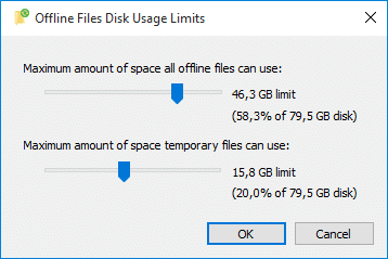 Drag the slider under Offline Files Disk Usage Limits to set required limit