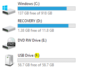Drive letter for the connected “USB Drive” is “F” and the drive “Recovery” is “D”
