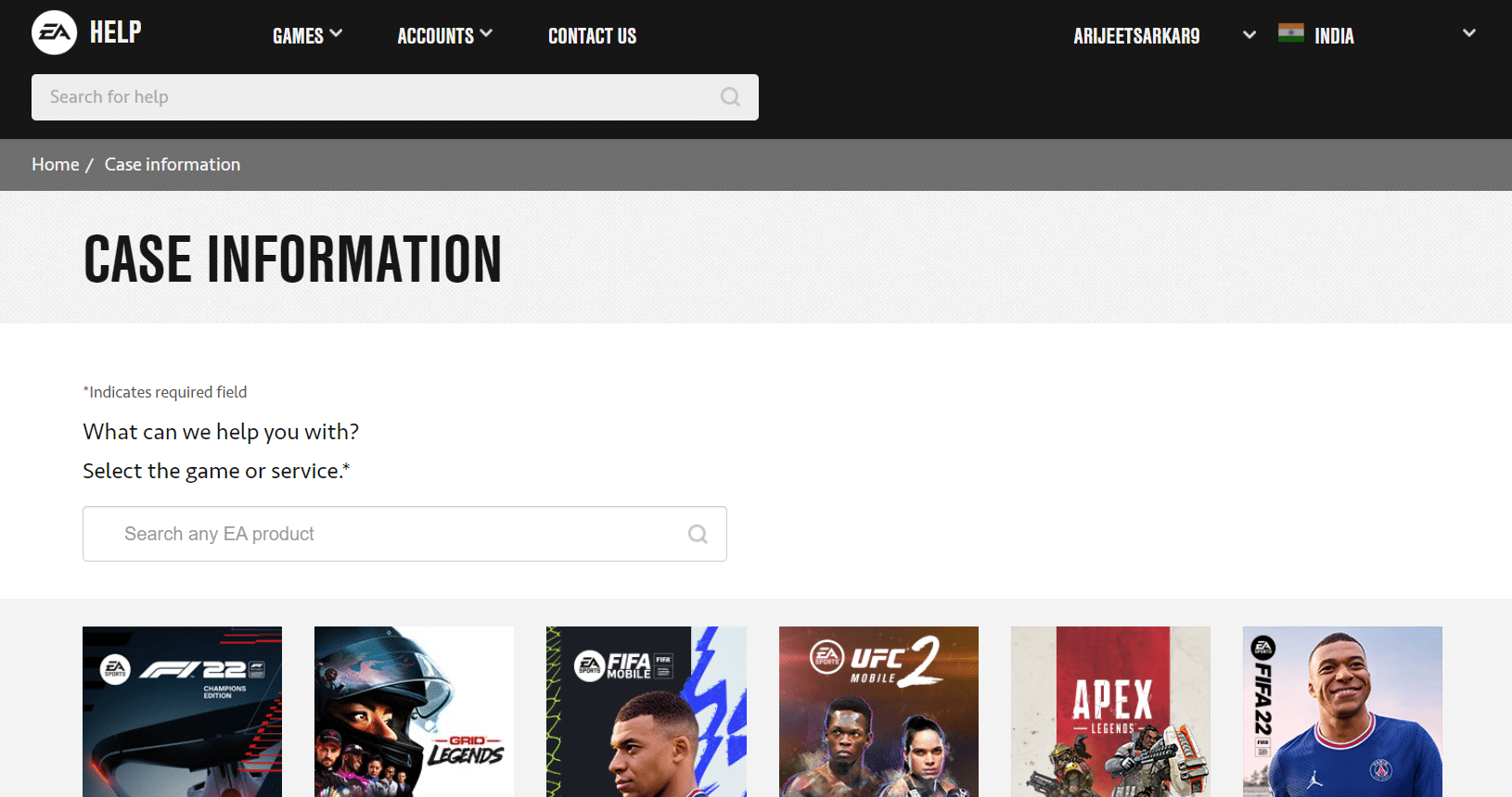 EA Help page