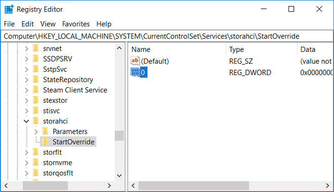 Expand storachi then select StartOverride and double-click on 0 DWORD