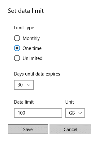 Edit Data Limit for WiFi and Ethernet in Windows 10 Settings