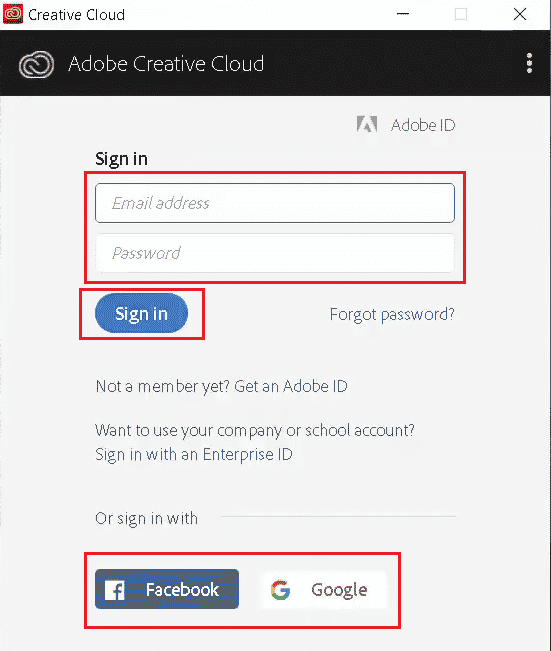 Email address and Password and click on Sign in. Or, use the Facebook or Google accounts to Sign in | How to Cancel Adobe Acrobat Subscription