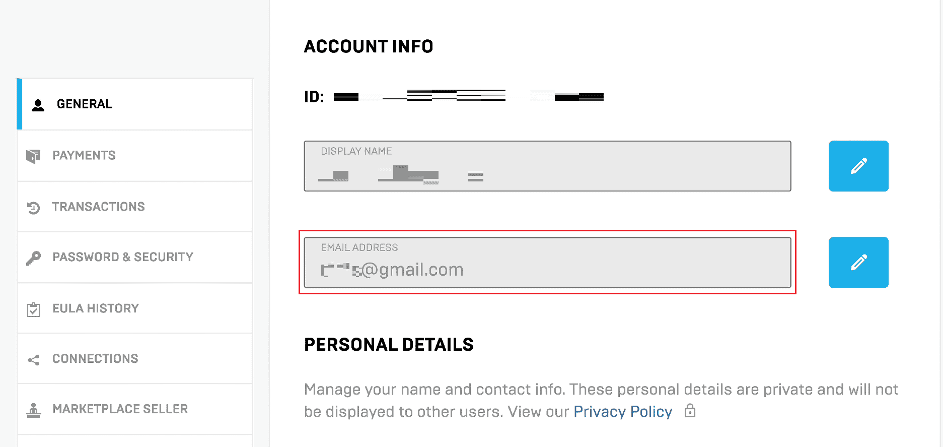 Email address on the Account page in the GENERAL- ACCOUNT INFO section
