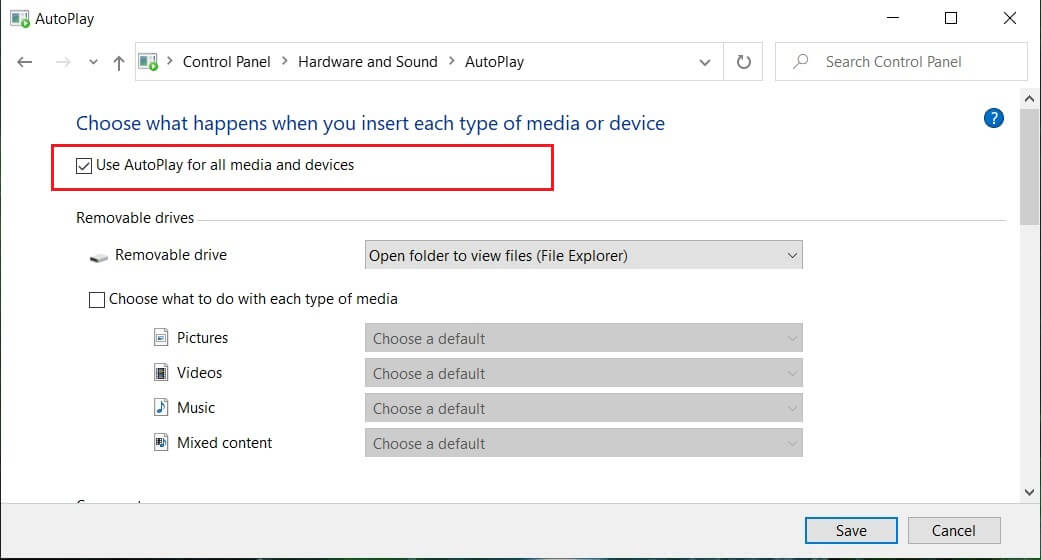 Enable AutoPlay then checkmark Use AutoPlay for all media and devices | Enable or Disable AutoPlay in Windows 10