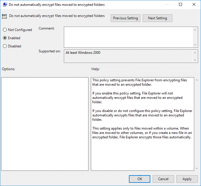 Enable Do not Automatically Encrypt files moved to Encrypted folders using Group Policy Editor