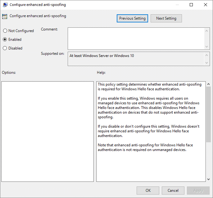 Включите расширенную защиту от спуфинга для аутентификации по лицу Windows Hello в редакторе групповой политики.
