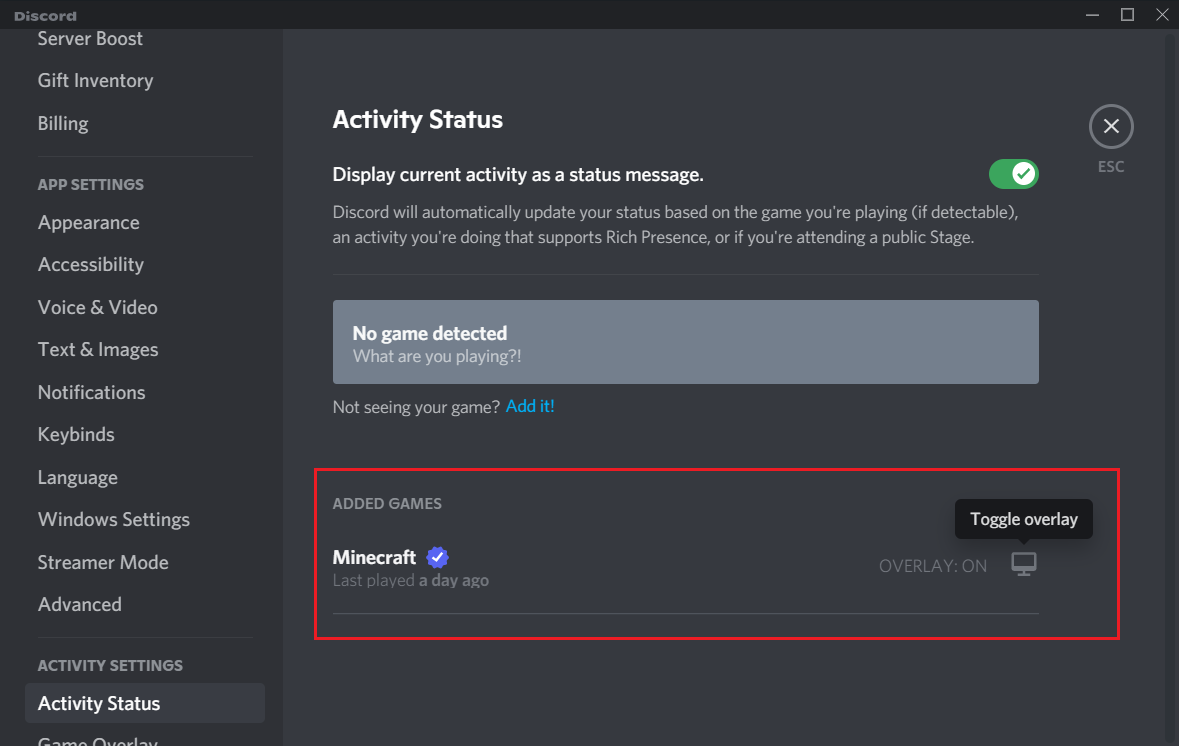 Enable Game Overlay from Discord Settings