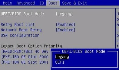 Enable Legacy support in Boot Menu