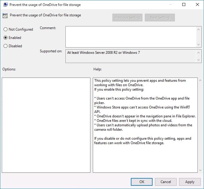Habilitar Impedir el uso de OneDrive para el almacenamiento de archivos | Cómo eliminar OneDrive del Explorador de archivos de Windows 10