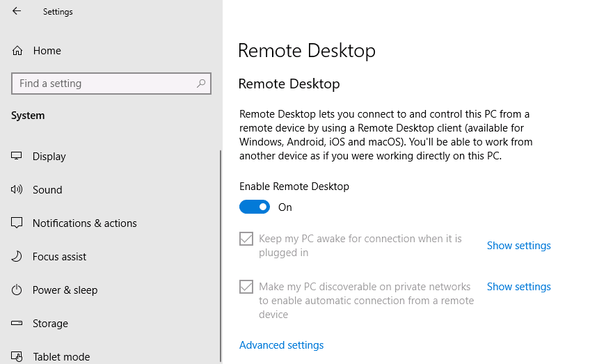 Habilite a área de trabalho remota no Windows 10