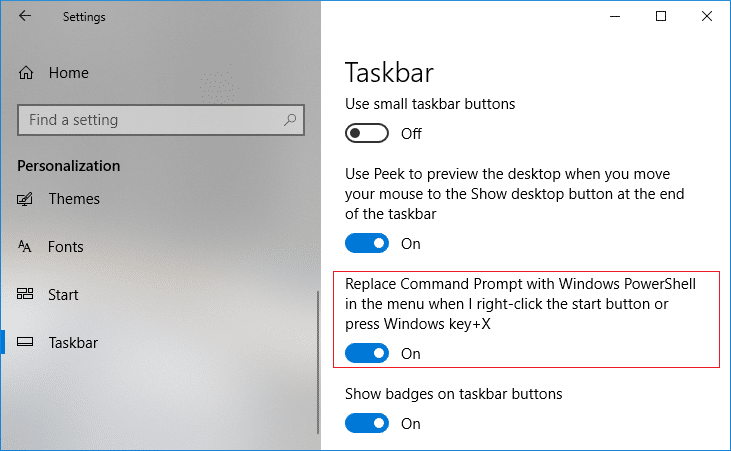 Enable Replace Command Prompt with Windows PowerShell in the menu when I right-click the start button or press Windows key + X