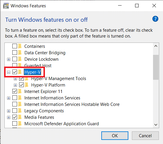 Enable Virtualization by ticking the box next to Hyper-V and click on OK | Enable Virtualization on Windows 10