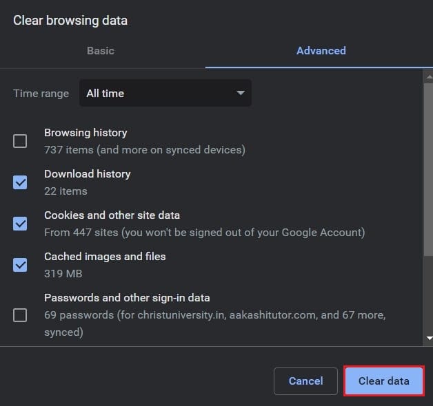 Enable all items you want to delete and click on clear data | Fix an Error Occurred 'try again' Playback ID on YouTube