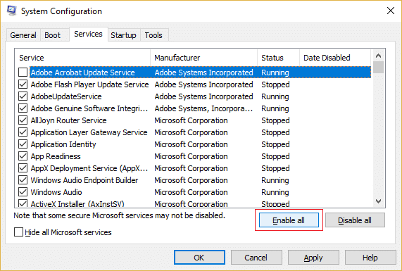 Enable all the services listed under msconfig