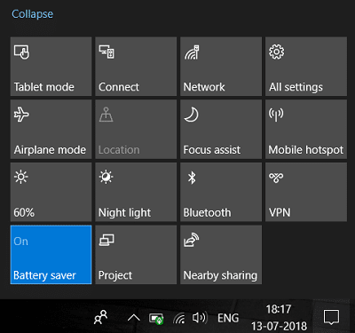 Enable or Disable Battery Saver using Action Center