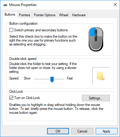 Включить или отключить ClickLock мыши в Windows 10