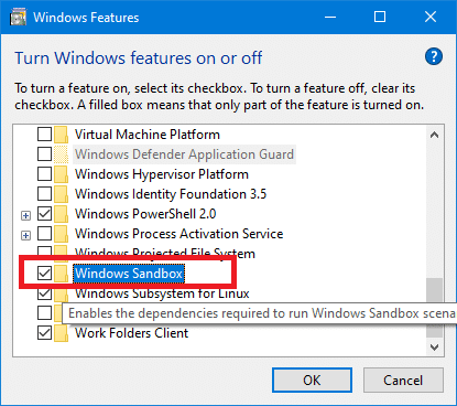 Включить или отключить функцию песочницы Windows 10