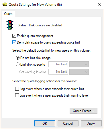 Checkmark Enable quota management and Deny disk space to users exceeding quota limit