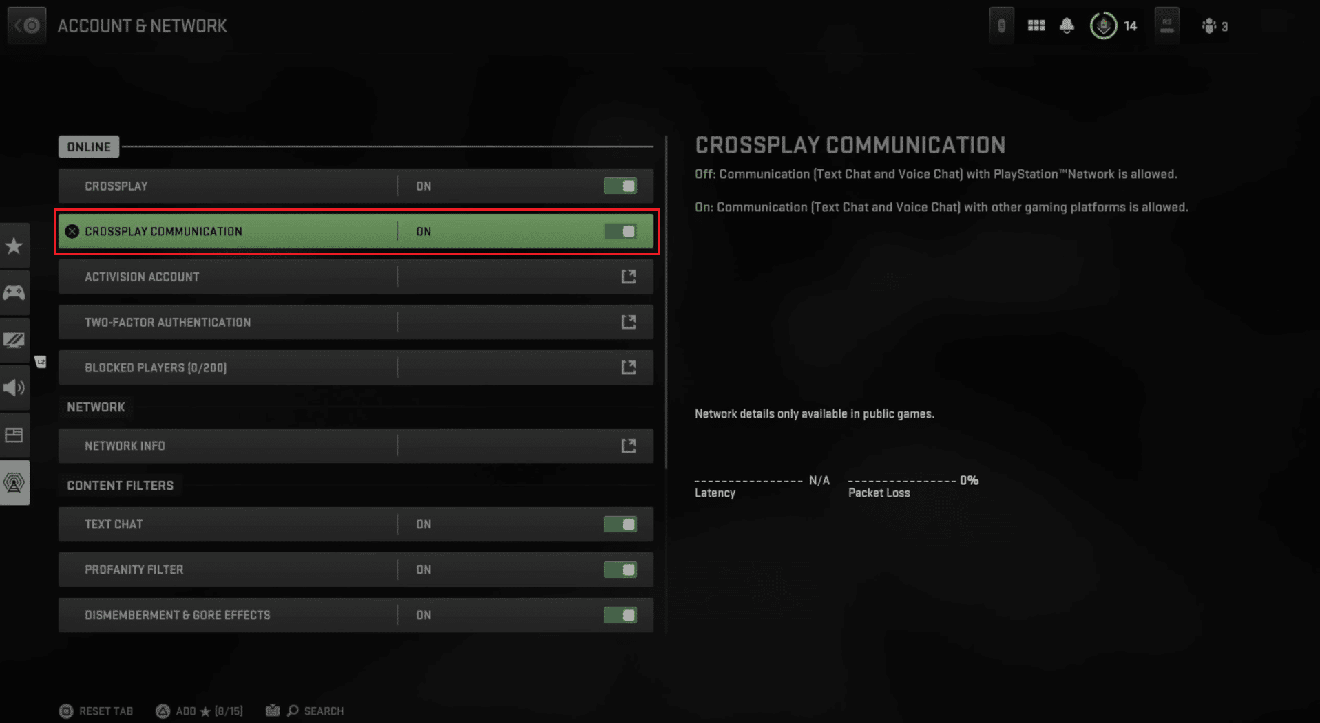 Enable the CROSSPLAY COMMUNICATION feature by selecting the ON option | How to Unmute Players in Warzone