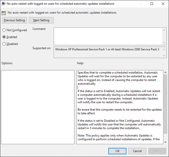 Enable the No auto-restart with logged on users setting under Windows Update