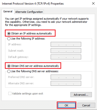 Enable the options titled Obtain an IP address automatically and Obtain D