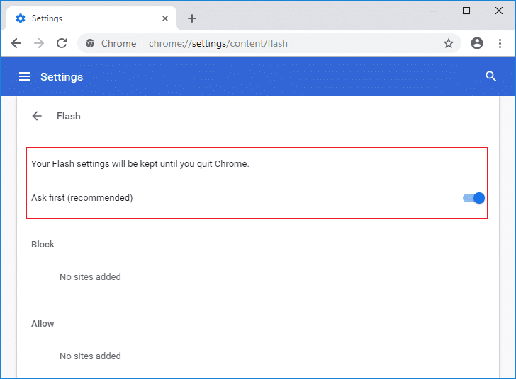 Включите переключатель Разрешить сайтам использовать Flash в Chrome | Исправить ошибку при загрузке проигрывателя: не найдены воспроизводимые источники.