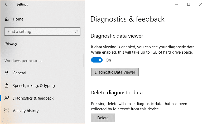 Enable the toggle for Diagnostic Data Viewer & click on Diagnostic Data Viewer button
