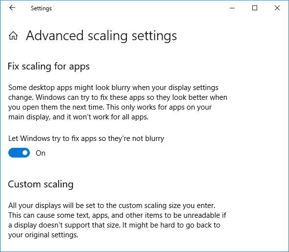 Включите переключатель в разделе «Разрешить Windows пытаться исправить приложения, чтобы они не были размытыми».