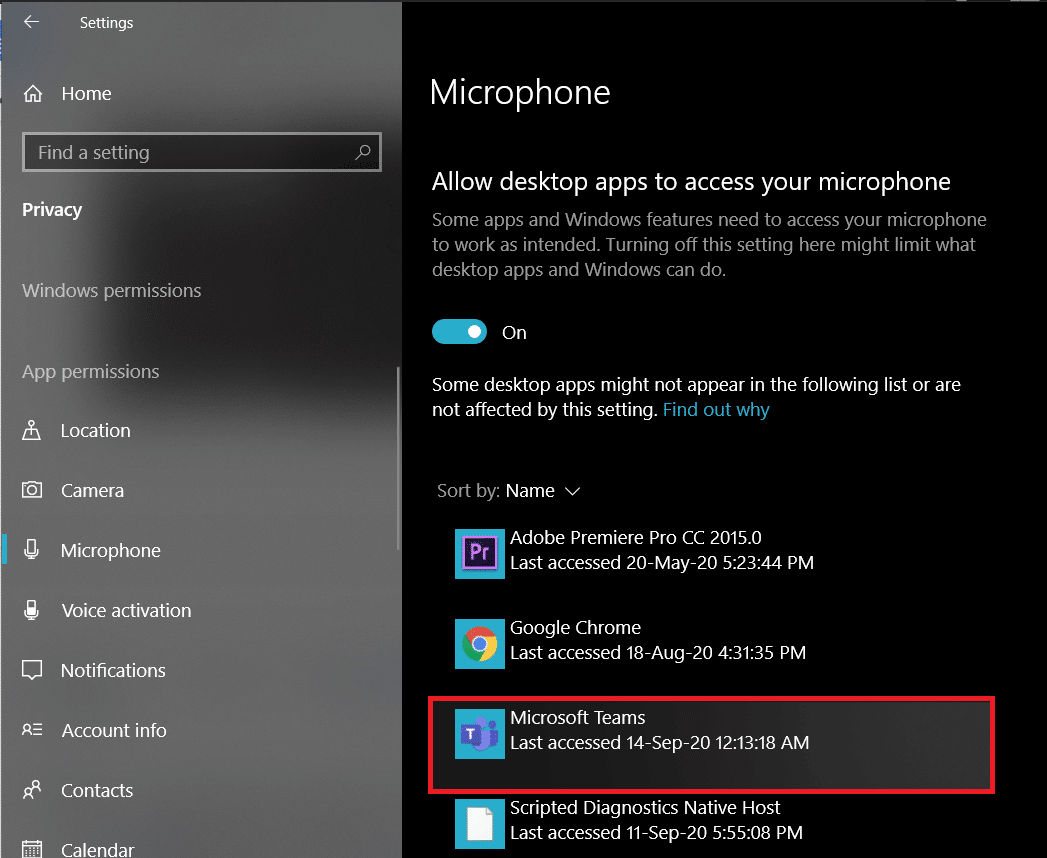 Enable ‘Allow desktop apps to access your microphone’