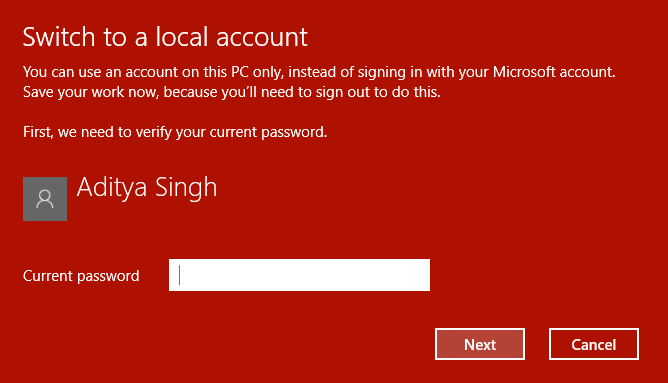 Enter the password for your current Microsoft account and then click Next