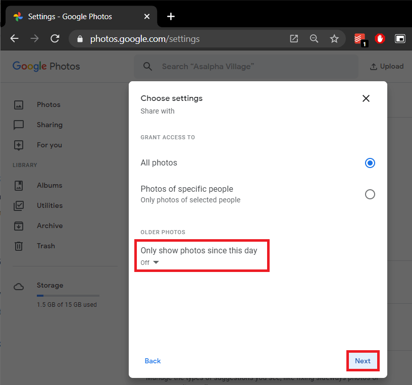 Ensure that the ‘Only show photos since this day option’ is off and click on Next