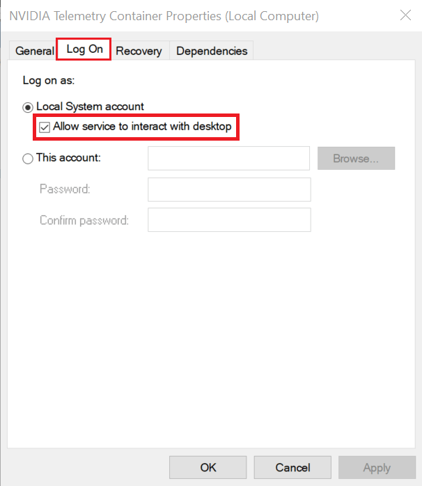 Ensure the box next to Allow service to interact with the desktop under Local System account is ticked/checked