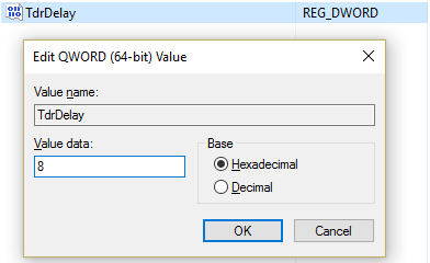 Enter 8 as a value in TdrDelay key for 64 bit key