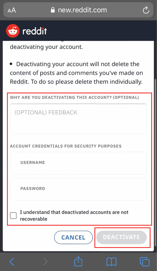 Enter OPTIONAL FEEDBACK, USERNAME, and PASSWORD. Tap to select the I understand checkbox and tap on DEACTIVATE | How to Delete Reddit Account on App | permanently delete Reddit