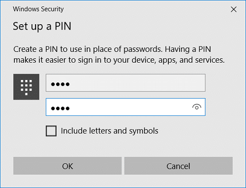 Enter a PIN which should be at least 4 digits long and click OK