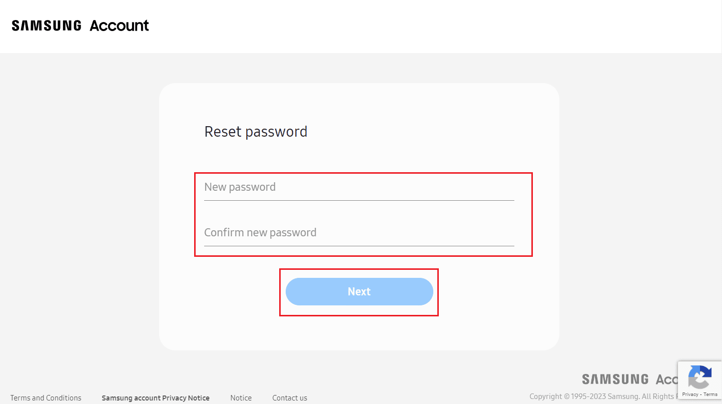 Entrez et confirmez le nouveau mot de passe et cliquez sur Suivant | Comment modifier l'adresse e-mail du compte Samsung