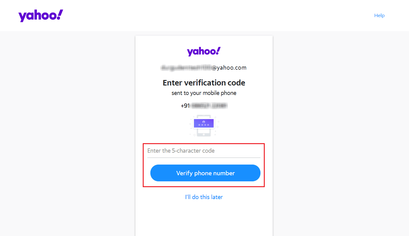 Enter the 5-character code in the box and click on Verify phone number