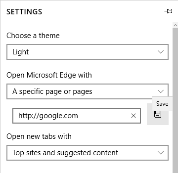 Enter the URL under Open Microsoft Edge with and make sure you have selected A specific page or pages
